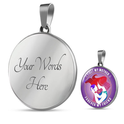 FIRST MY MOTHER, FOREVER MY FRIEND (WHITE ON PURPLE) SILVER AND GOLD FINISHED CIRCLE SHAPED NECKLACE - podprintz.com