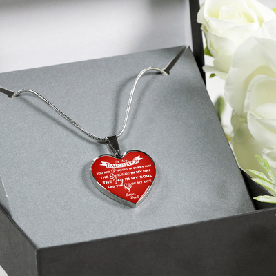 MY DAUGHTER YOU ARE PRECIOUS, SUNSHINE, JOY LOVE DAD - SILVER AND GOLD FINISHED HEART SHAPED NECKLACE (WHITE ON RED) - podprintz.com
