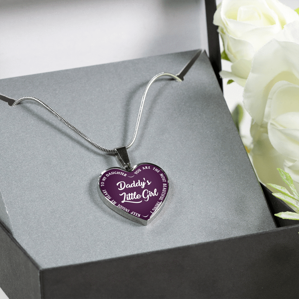 Daddy's Little Girl Gold or Silver Finished Heart Shaped Necklace (White on Purple) - podprintz.com
