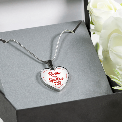 ROCKIN' THE SPOILED, WIFE LIFE - SILVER AND GOLD FINISHED HEART SHAPED BANGLE BRACELET AND NECKLACE (RED TEXT ON WHITE) EO - podprintz.com