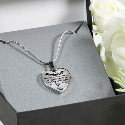 MY DAUGHTER YOU ARE PRECIOUS, SUNSHINE, JOY LOVE DAD - SILVER AND GOLD FINISHED HEART SHAPED NECKLACE (BLACK ON TRANSPARENT) - podprintz.com