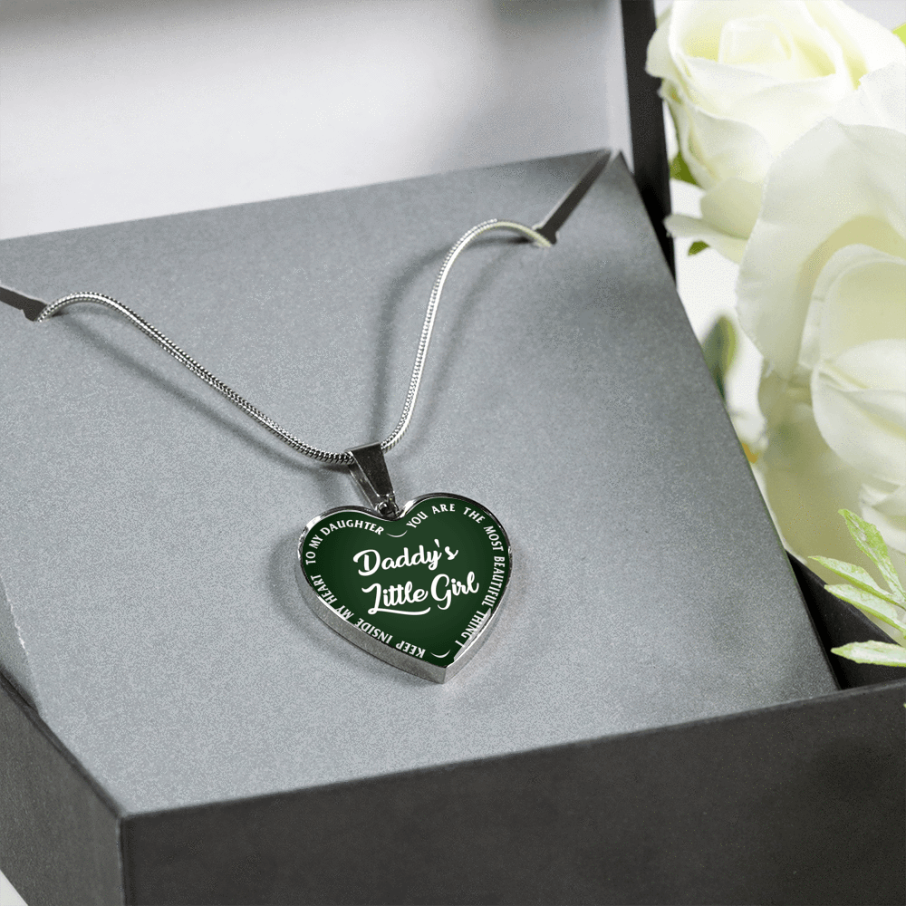 Daddy's Little Girl Gold or Silver Finished Heart Shaped Necklace (White on Green) - podprintz.com