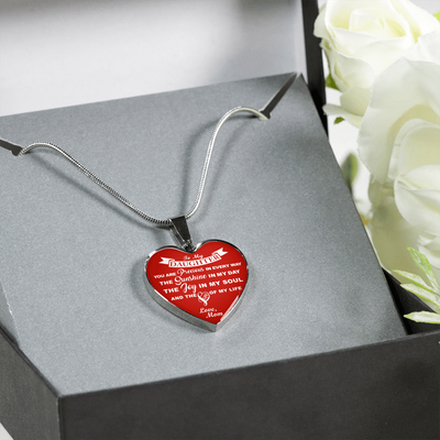 MY DAUGHTER YOU ARE PRECIOUS, SUNSHINE, JOY LOVE MOM - SILVER AND GOLD FINISHED HEART SHAPED NECKLACE (WHITE ON RED) - podprintz.com