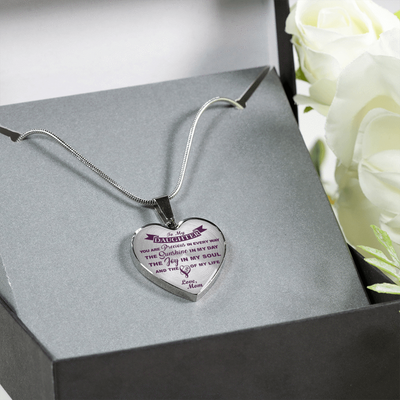 MY DAUGHTER YOU ARE PRECIOUS, SUNSHINE, JOY LOVE MOM - SILVER AND GOLD FINISHED HEART SHAPED NECKLACE (PURPLE ON TRANSPARENT) - podprintz.com