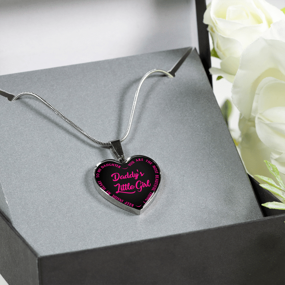 Daddy's Little Girl Gold or Silver Finished Heart Shaped Necklace (Pink on Black) - podprintz.com