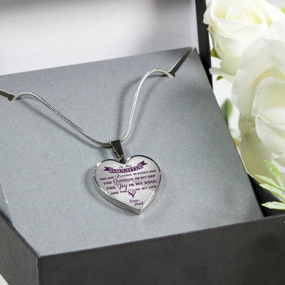 MY DAUGHTER YOU ARE PRECIOUS, SUNSHINE, JOY LOVE DAD - SILVER AND GOLD FINISHED HEART SHAPED NECKLACE AND BANGLE BRACELET (PURPLE ON TRANSPARENT) EO - podprintz.com
