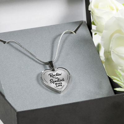 ROCKIN' THE SPOILED, WIFE LIFE - SILVER AND GOLD FINISHED HEART SHAPED NECKLACE (BLACK TEXT ON TRANSPARENT) - podprintz.com