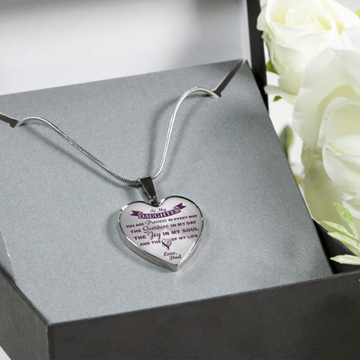 MY DAUGHTER YOU ARE PRECIOUS, SUNSHINE, JOY LOVE DAD - SILVER AND GOLD FINISHED HEART SHAPED NECKLACE (PURPLE ON TRANSPARENT) - podprintz.com