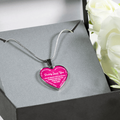 MY DAUGHTER, DADDY LOVES YOU - (PINK & WHITE TEXT) SILVER FINISHED HEART NECKLACE - podprintz.com