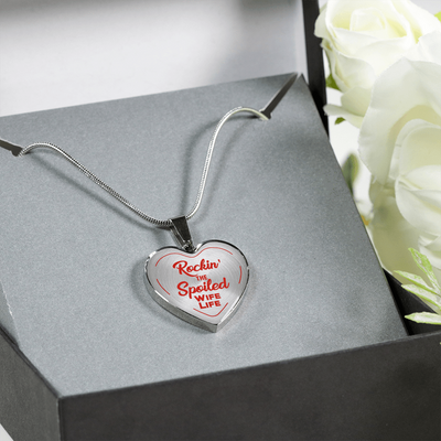 ROCKIN' THE SPOILED, WIFE LIFE - SILVER AND GOLD FINISHED HEART SHAPED BANGLE BRACELET AND NECKLACE (RED TEXT ON TRANSPARENT) EO - podprintz.com