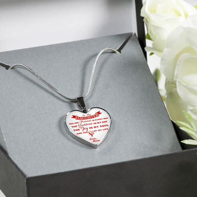 MY DAUGHTER YOU ARE PRECIOUS, SUNSHINE, JOY LOVE MOM - SILVER AND GOLD FINISHED HEART SHAPED NECKLACE (RED ON WHITE) - podprintz.com