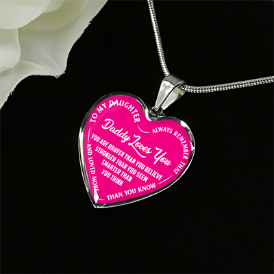 MY DAUGHTER, DADDY LOVES YOU - (PINK & WHITE TEXT) SILVER FINISHED HEART NECKLACE - podprintz.com