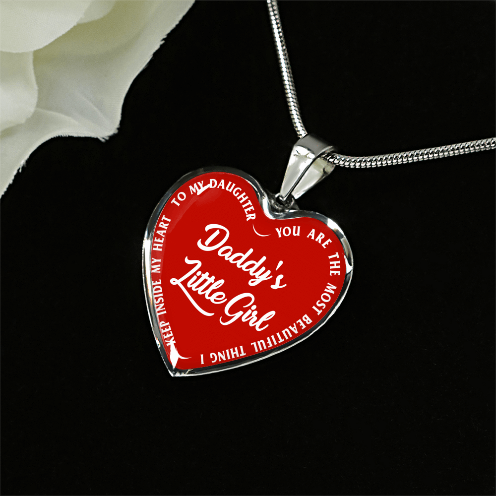 Daddy's Little Girl Gold or Silver Finished Heart Shaped Necklace (White on Red) - podprintz.com