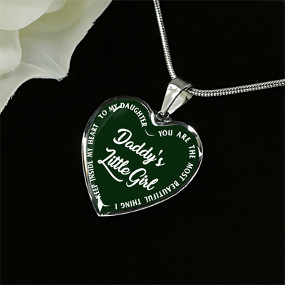 Daddy's Little Girl Gold or Silver Finished Heart Shaped Necklace (White on Green) - podprintz.com