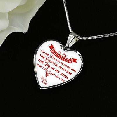 MY DAUGHTER YOU ARE PRECIOUS, SUNSHINE, JOY LOVE DAD - SILVER AND GOLD FINISHED HEART SHAPED NECKLACE AND BANGLE BRACELET (RED ON WHITE) EO - podprintz.com