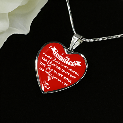 MY DAUGHTER YOU ARE PRECIOUS, SUNSHINE, JOY LOVE DAD - SILVER AND GOLD FINISHED HEART SHAPED NECKLACE (WHITE ON RED) - podprintz.com