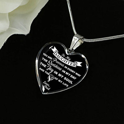 MY DAUGHTER YOU ARE PRECIOUS, SUNSHINE, JOY LOVE DAD - SILVER AND GOLD FINISHED HEART SHAPED NECKLACE AND BANGLE BRACELET (WHITE ON BLACK) EO - podprintz.com