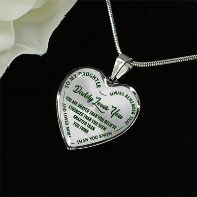 MY DAUGHTER - DADDY LOVES YOU - SILVER FINISHED HEART NECKLACE (GREEN ON TRANSPARENT) - podprintz.com