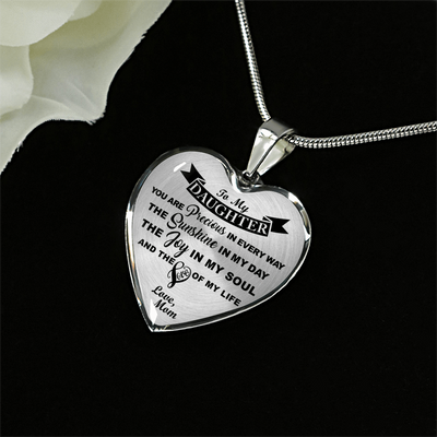 MY DAUGHTER YOU ARE PRECIOUS, SUNSHINE, JOY LOVE MOM - SILVER AND GOLD FINISHED HEART SHAPED NECKLACE (BLACK ON TRANSPARENT) - podprintz.com