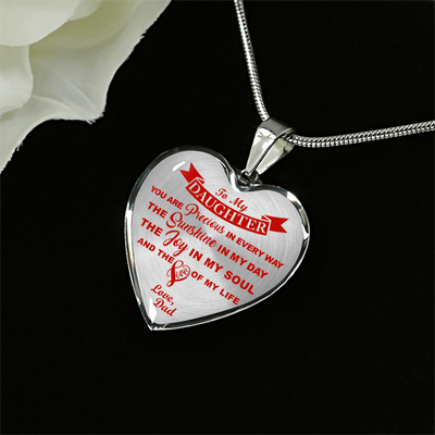 MY DAUGHTER YOU ARE PRECIOUS, SUNSHINE, JOY LOVE DAD - SILVER AND GOLD FINISHED HEART SHAPED NECKLACE (RED ON TRANSPARENT) - podprintz.com