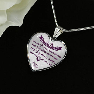 MY DAUGHTER YOU ARE PRECIOUS, SUNSHINE, JOY LOVE DAD - SILVER AND GOLD FINISHED HEART SHAPED NECKLACE AND BANGLE BRACELET (PURPLE ON TRANSPARENT) EO - podprintz.com