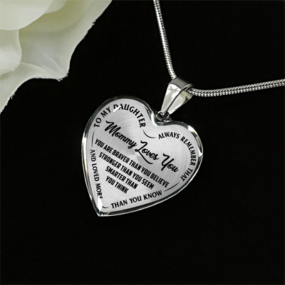 MY DAUGHTER - MOMMY LOVES YOU - SILVER FINISHED HEART NECKLACE (BLACK ON TRANSPARENT) - podprintz.com