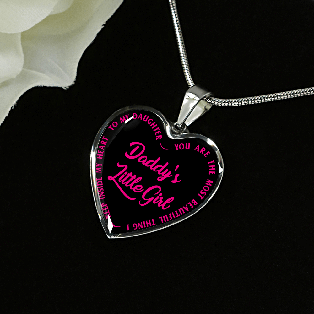 Daddy's Little Girl Gold or Silver Finished Heart Shaped Necklace (Pink on Black) - podprintz.com