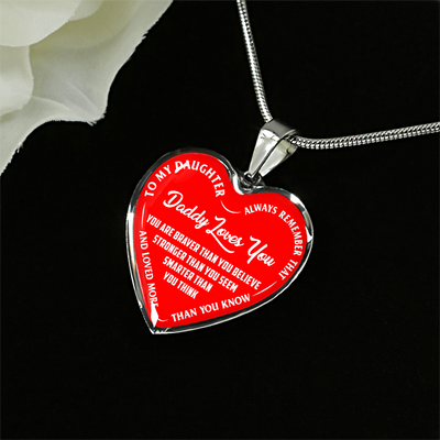 MY DAUGHTER - DADDY LOVES YOU - SILVER FINISHED HEART NECKLACE (RED WITH WHITE TEXT) - podprintz.com