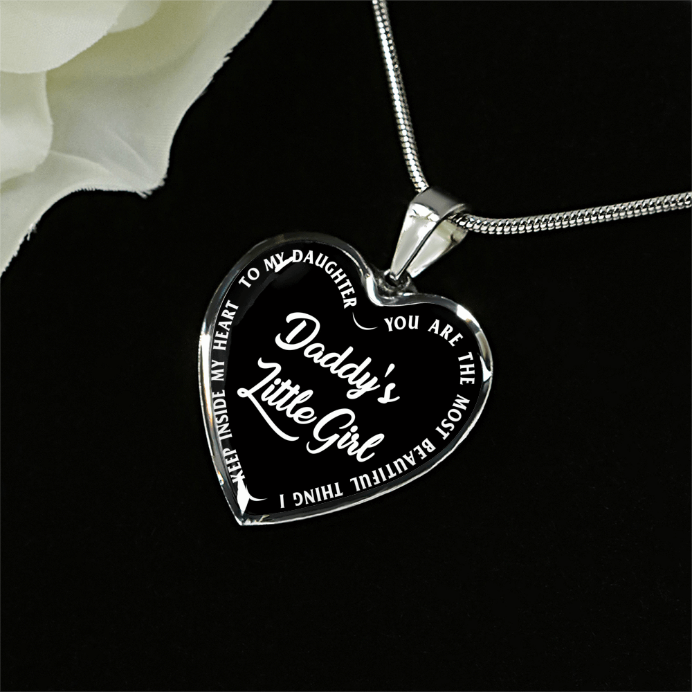 Daddy's Little Girl Gold or Silver Finished Heart Shaped Necklace (White on Black) - podprintz.com