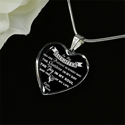 MY DAUGHTER YOU ARE PRECIOUS, SUNSHINE, JOY LOVE MOM - SILVER AND GOLD FINISHED HEART SHAPED NECKLACE (WHITE ON BLACK) - podprintz.com