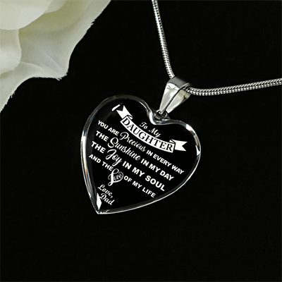 MY DAUGHTER YOU ARE PRECIOUS, SUNSHINE, JOY LOVE DAD - SILVER AND GOLD FINISHED HEART SHAPED NECKLACE (WHITE ON BLACK) - podprintz.com
