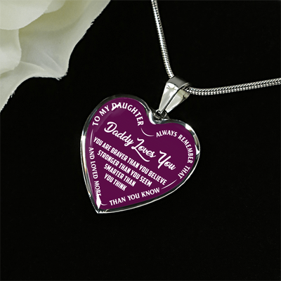 MY DAUGHTER, DADDY LOVES YOU - (PURPLE & WHITE TEXT) SILVER FINISHED HEART NECKLACE - podprintz.com