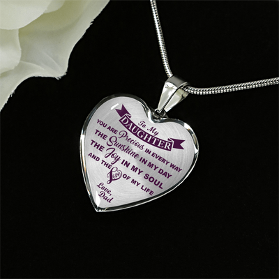 MY DAUGHTER YOU ARE PRECIOUS, SUNSHINE, JOY LOVE DAD - SILVER AND GOLD FINISHED HEART SHAPED NECKLACE (PURPLE ON TRANSPARENT) - podprintz.com