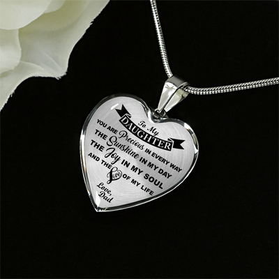 MY DAUGHTER YOU ARE PRECIOUS, SUNSHINE, JOY LOVE DAD - SILVER AND GOLD FINISHED HEART SHAPED NECKLACE (BLACK ON TRANSPARENT) - podprintz.com