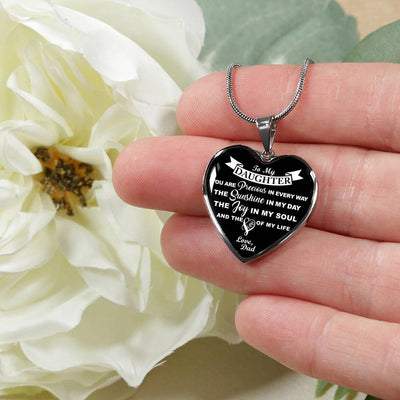 MY DAUGHTER YOU ARE PRECIOUS, SUNSHINE, JOY LOVE DAD - SILVER AND GOLD FINISHED HEART SHAPED NECKLACE AND BANGLE BRACELET (WHITE ON BLACK) EO - podprintz.com
