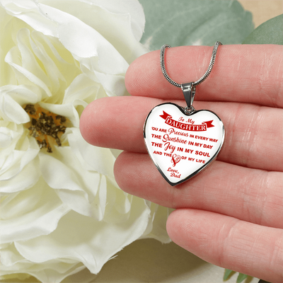 MY DAUGHTER YOU ARE PRECIOUS, SUNSHINE, JOY LOVE DAD - SILVER AND GOLD FINISHED HEART SHAPED NECKLACE (RED ON WHITE) - podprintz.com