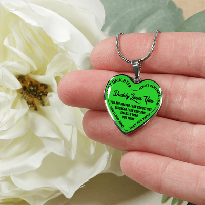 MY DAUGHTER, DADDY LOVES YOU - (LIME GREEN & BLACK TEXT) SILVER FINISHED HEART NECKLACE - podprintz.com