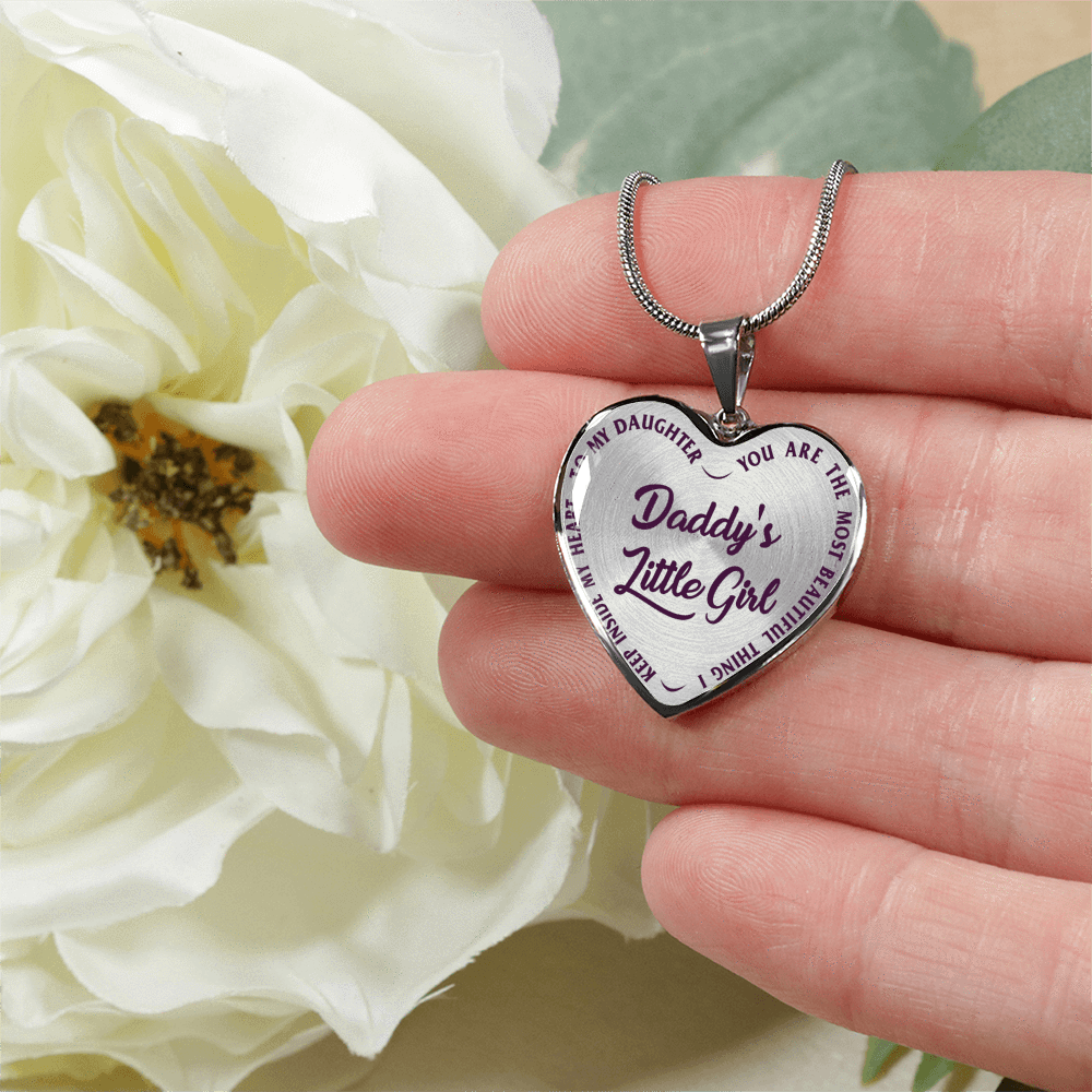 DADDY'S LITTLE GIRL GOLD OR SILVER FINISHED HEART SHAPED NECKLACE OR BANGLE BRACELET, PURPLE ON TRANSPARENT (EO) - podprintz.com