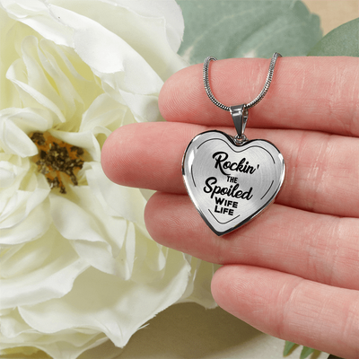 ROCKIN' THE SPOILED, WIFE LIFE - SILVER AND GOLD FINISHED HEART SHAPED NECKLACE (BLACK TEXT ON TRANSPARENT) - podprintz.com