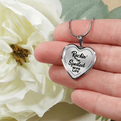ROCKIN' THE SPOILED, WIFE LIFE - SILVER AND GOLD FINISHED HEART SHAPED BANGLE BRACELET AND NECKLACE (BLACK TEXT ON TRANSPARENT) EO - podprintz.com