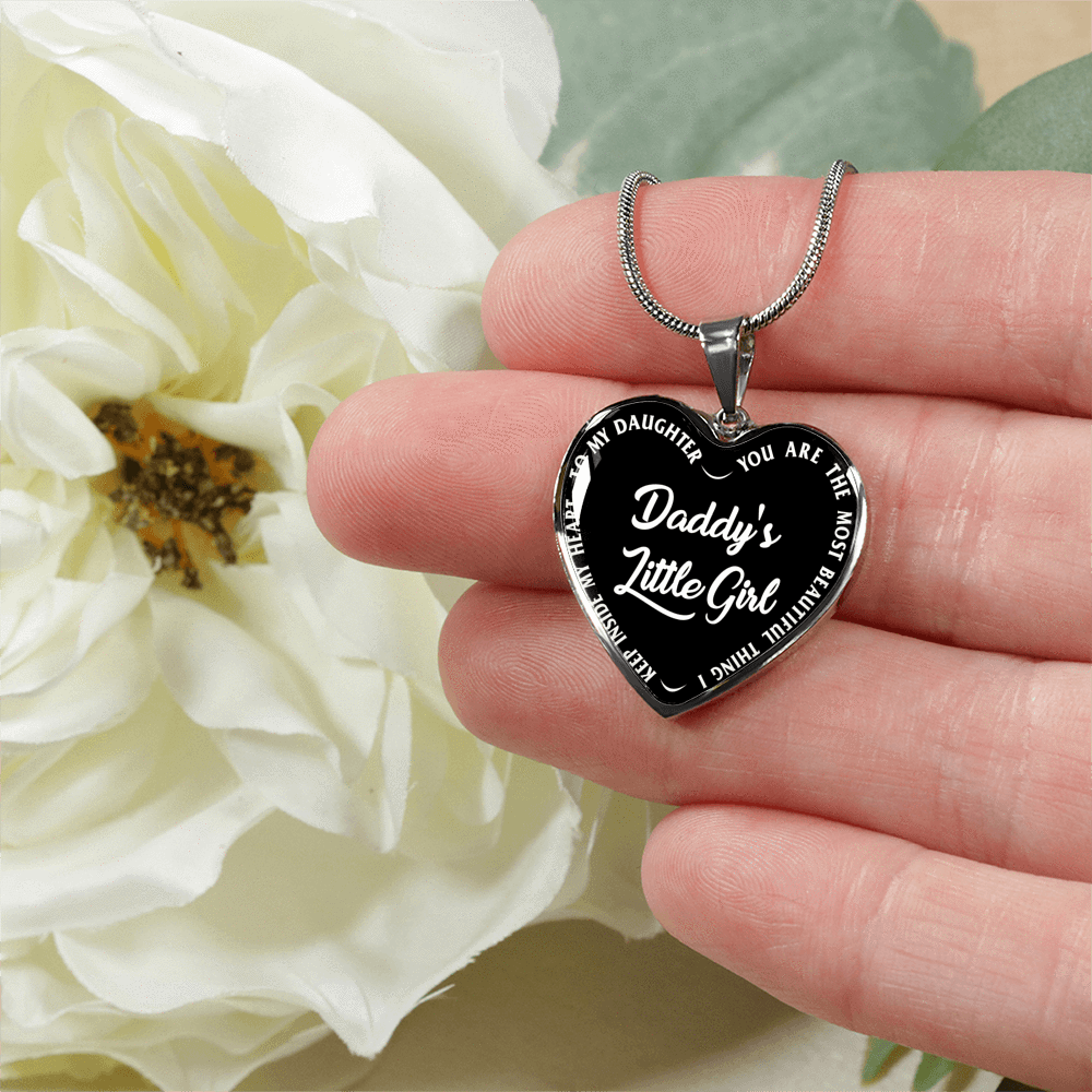 Daddy's Little Girl Gold or Silver Finished Heart Shaped Necklace (White on Black) - podprintz.com