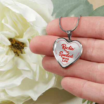 ROCKIN' THE SPOILED, WIFE LIFE - SILVER AND GOLD FINISHED HEART SHAPED BANGLE BRACELET AND NECKLACE (RED TEXT ON TRANSPARENT) EO - podprintz.com