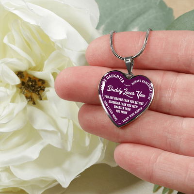 MY DAUGHTER, DADDY LOVES YOU - (PURPLE & WHITE TEXT) SILVER FINISHED HEART NECKLACE - podprintz.com