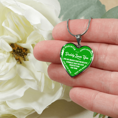 MY DAUGHTER - DADDY LOVES YOU - SILVER FINISHED HEART NECKLACE (GREEN WITH WHITE TEXT) - podprintz.com