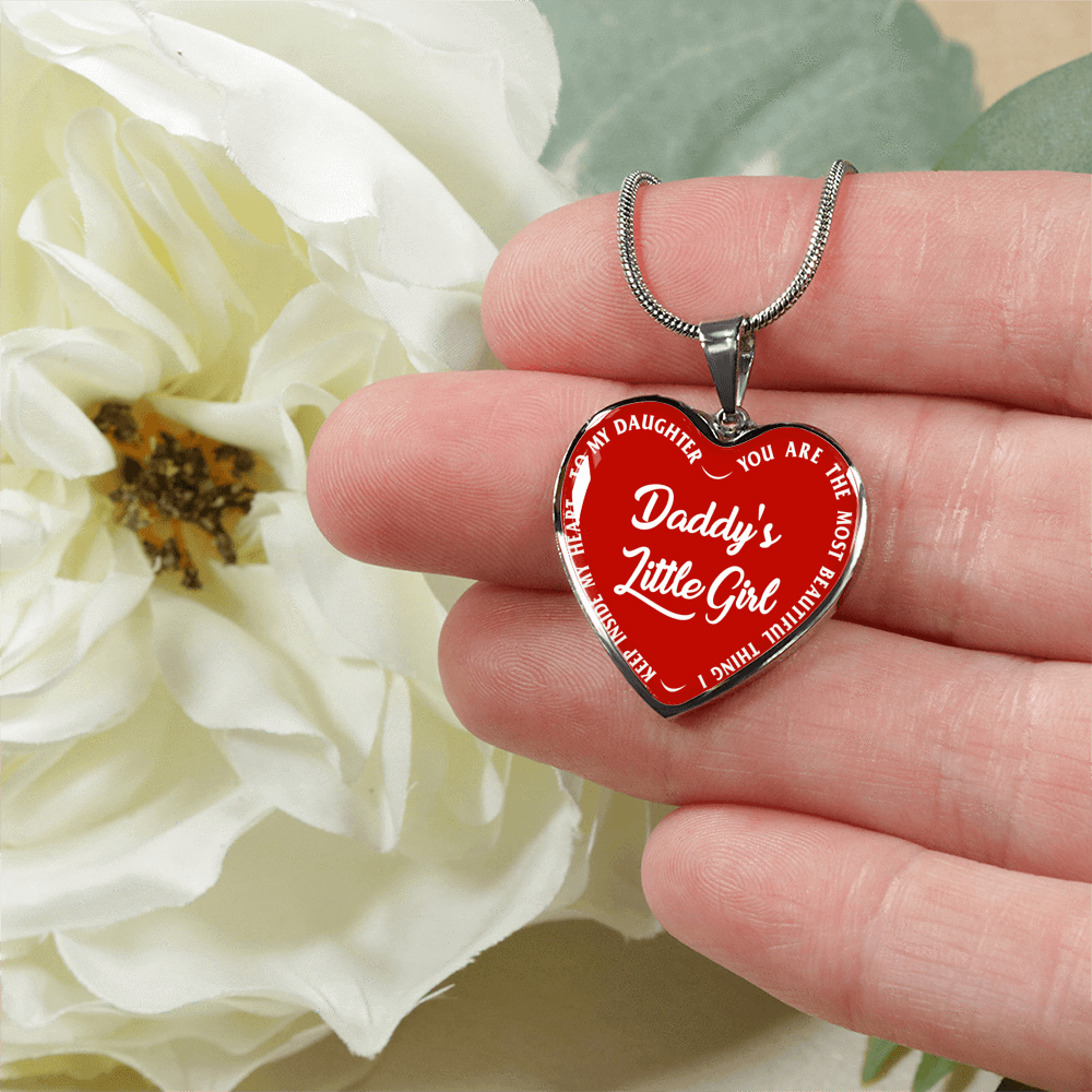 Daddy's Little Girl Gold or Silver Finished Heart Shaped Necklace (White on Red) - podprintz.com
