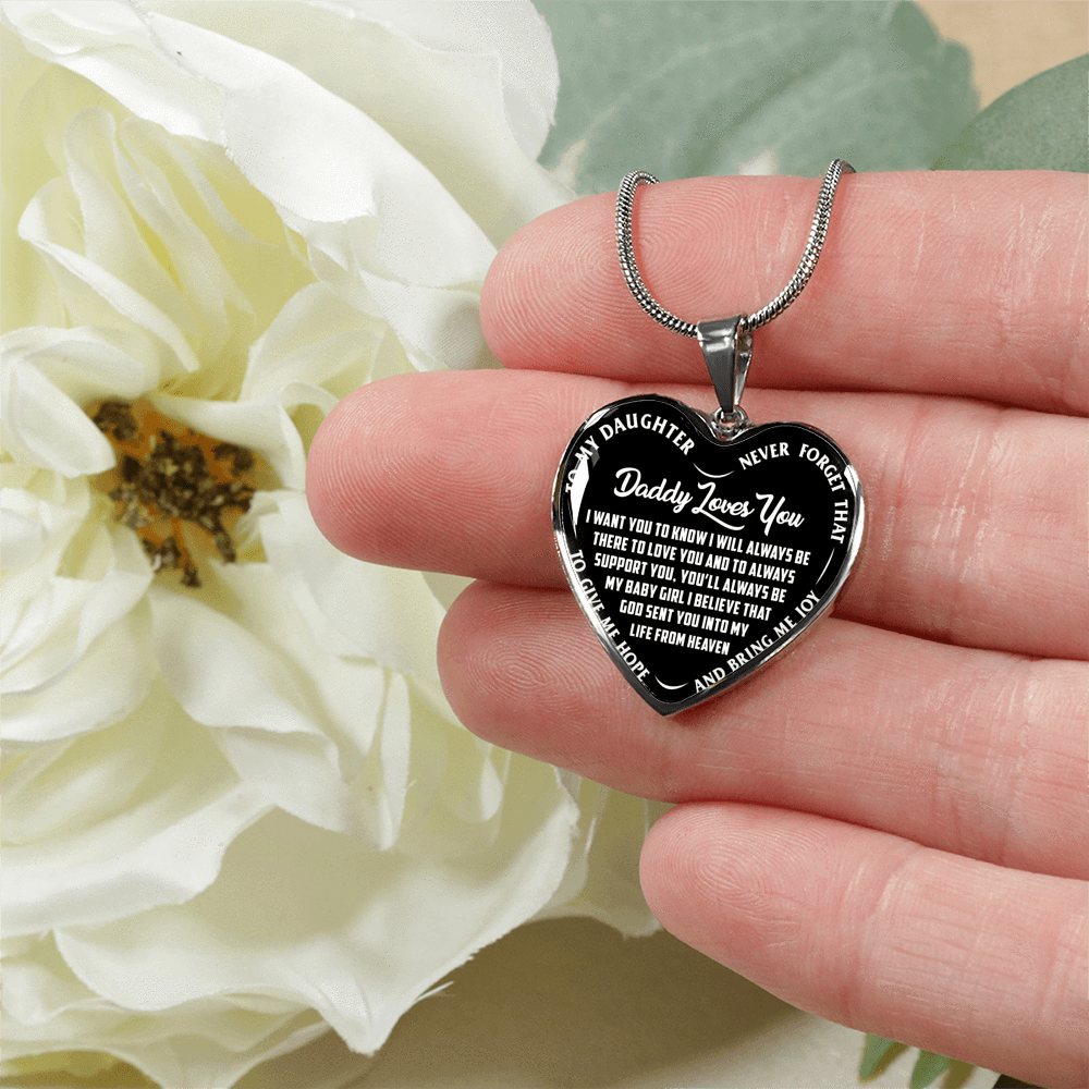 I'll Always Be There, Daddy Loves You, Silver or Gold Heart Shaped Necklace (White on Black) - podprintz.com