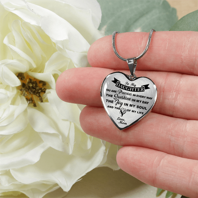 MY DAUGHTER YOU ARE PRECIOUS, SUNSHINE, JOY LOVE MOM - SILVER AND GOLD FINISHED HEART SHAPED NECKLACE (BLACK ON TRANSPARENT) - podprintz.com