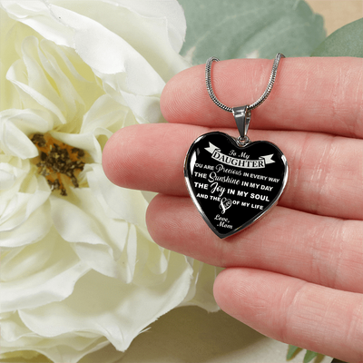MY DAUGHTER YOU ARE PRECIOUS, SUNSHINE, JOY LOVE MOM - SILVER AND GOLD FINISHED HEART SHAPED NECKLACE (WHITE ON BLACK) - podprintz.com