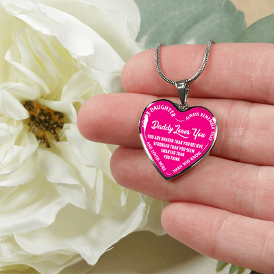 MY DAUGHTER, DADDY LOVES YOU - (PINK & WHITE TEXT) SILVER FINISHED HEART NECKLACE - podprintz.com