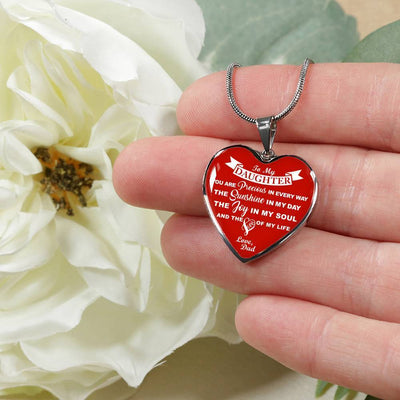 MY DAUGHTER YOU ARE PRECIOUS, SUNSHINE, JOY LOVE DAD - SILVER AND GOLD FINISHED HEART SHAPED NECKLACE AND BANGLE BRACELET (WHITE ON RED) EO - podprintz.com